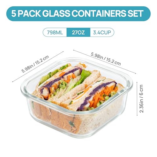 5Pack 27oz Glass Food Storage Containers with Lids (Grey / 27oz)