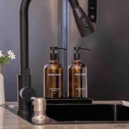 Glass Kitchen Soap Dispenser Set with Ceramic Tray (Amber Bottles + Black Pumps)