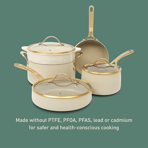 Pots and Pans Set (Almond Cream w/ Gold Handle / 8-Piece Cookware Set)