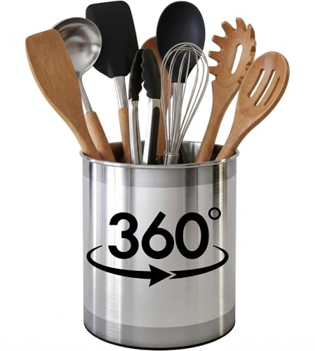 Rotating Extra Large Stainless Steel Utensil Holder Caddy with Sturdy No (Silver)