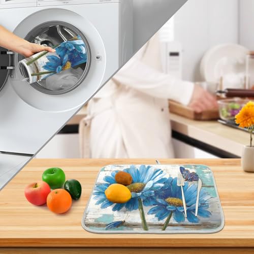 Rustic Daisy Blue on Vintage Wooden Dish Drying Mat for Kitchen Counter Absorbent Microfiber Small Drying Pad Dish Mats for Kitchen Countertops 16 x 18 Inch (18" x 16")