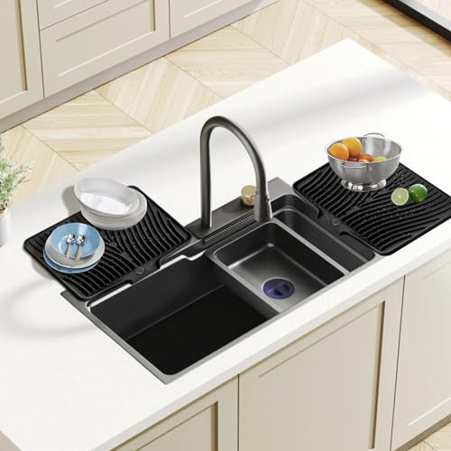 Silicone Dish Drying Mat for Kitchen Counter (Black-2pcs / 20" x 15")