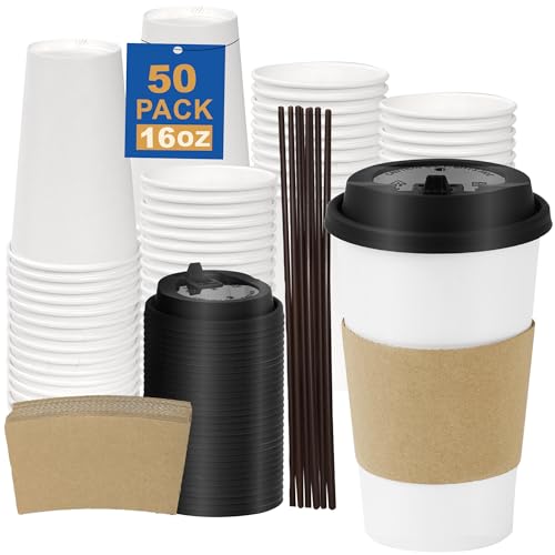 16 oz 50 Pack Coffee Cups with Lids and Sleeves (White- 50packs / 16 oz)