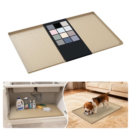Waterproof Silicone Under Sink Mat 34'' x 22'' Shelf Liner for Kitchen and Bathroom (Khaki / 22"W x 34"L)