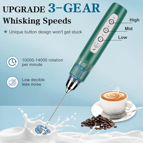 Milk Frother Wand Rechargeable Handheld Whisk Coffee 3 Speed Adjustable (Frother with stand / Green)