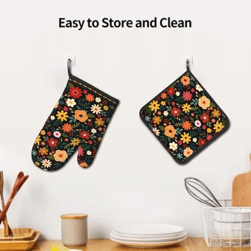 Boho Floral Oven Mitts and Pot Holder Set of 2 Colorful Flower Heat Resistant Hot Pads Non Slip Washable for Kitchen Cooking Grilling BBQ (Black Floral)