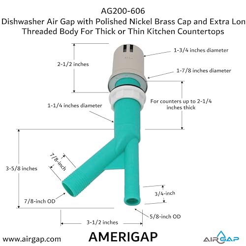Dishwasher Air Gap with Skirted Polished Nickel Brass Cap and Extra Long Threaded Body for Thick or Thin Kitchen Countertops (AG200-606)
