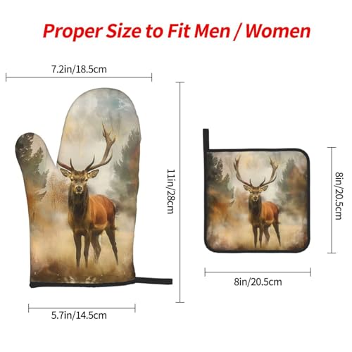 Deer Art Oven Mitts and Pot Holders Sets of 3 Heat Resistant Oven Gloves Hot Pads Non (Deer Art)
