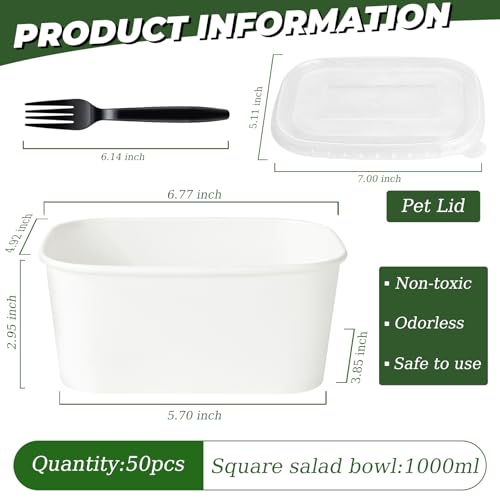 50 Pack 35oz Disposable Meal Prep Containers with Lids & Forks (35oz 50 Count / White Kraft Paper)