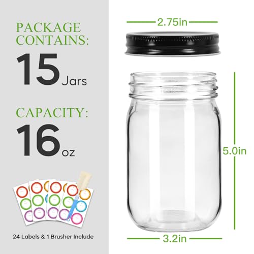 Glass Mason Jars 16 oz (Black Lids-16oz)