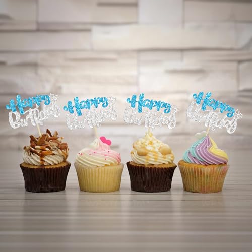 24Pcs Happy Birthday Cupcake Toppers Double Layer Glitter Happy Birthday Cake Decorations for Winter Wonderland Baby Shower Theme Anniversary Party Decorations Supplies Blue Silver (Style 1 / Blue Silver)