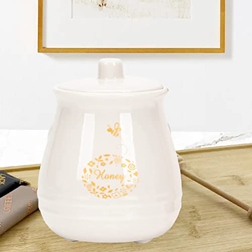 Ceramic Honey Jar with Wooden Honey Dipper (Honey Jar-White)