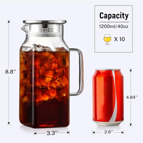 40 oz 1.2Liter Square Glass Pitcher with Lid and Spout (Clear / 40.6 Ounces)