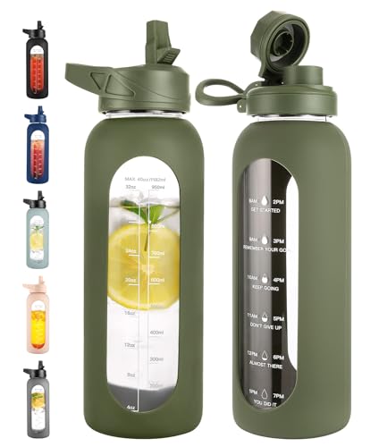 40 oz Glass Water Bottle with Straw (.Army Green / 40 Ounces)
