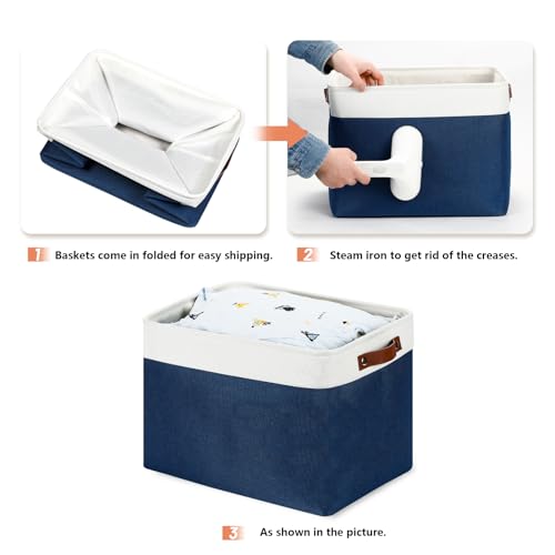 Large Storage Baskets with Leather Handles for Linen Closet and Home Office (White&Blue / XL-16"x 12"x12")