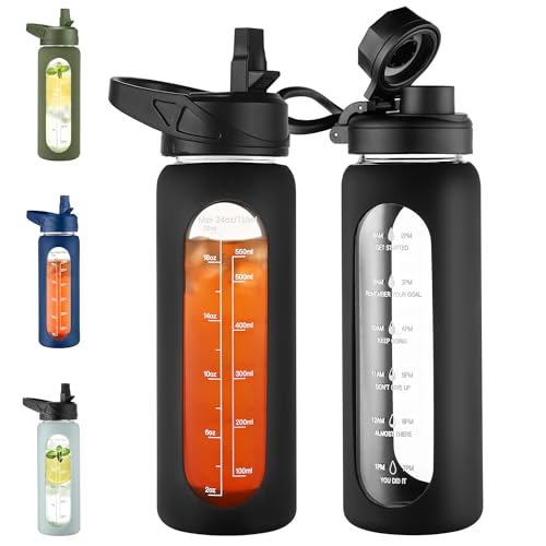 24 oz Glass Water Bottle with Straw (Black / 24 Ounces)