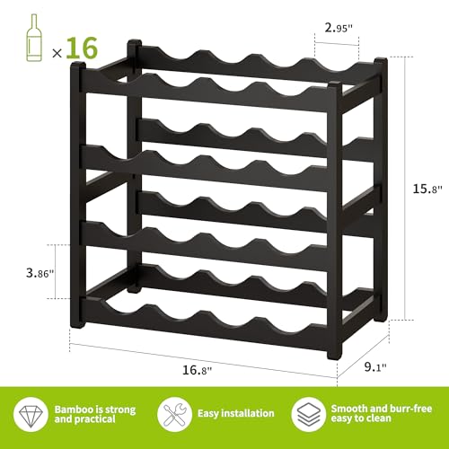 Bamboo Wine Rack Wine Storage Cabinet Shelf 16 Bottle Wine Racks Countertop Sturdy for Kitchen Dining Room Pantry (Black / 4 Tier)