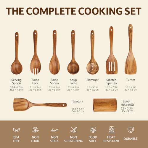9 Piece Teak Wood Cooking Utensil Set with Holder (9 PCS Set)