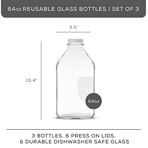 Glass Milk Bottles with Lids and Pourer (64 Oz)