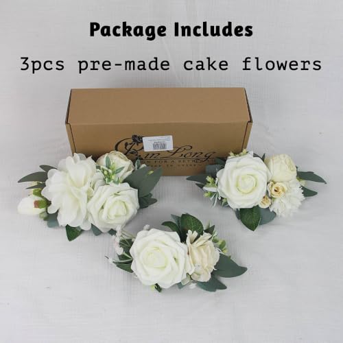 3Pcs Pre made Cake Flowers Toppers White Green Cake Decorations Wedding Cake Decorating Flowers Decor Birthday Baptism Party Cake Topper (3 Count)