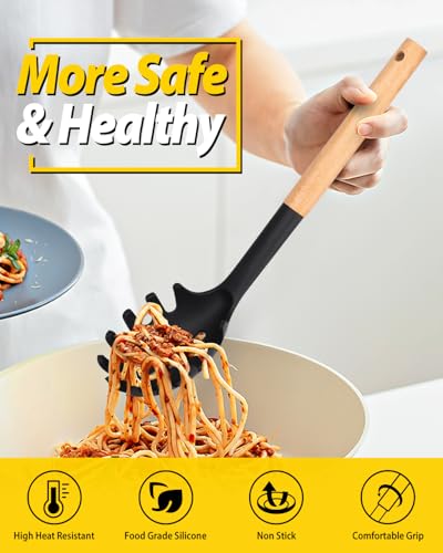 Silicone Soup Ladle and Pasta Spoon Set with Wooden Handle (2 Count)