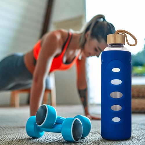 32 oz Narrow Mouth Glass Water Bottle with Windowed Silicone Sleeve (Blue)