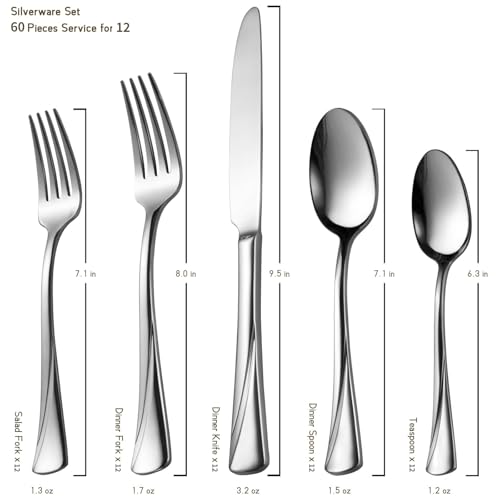 Alice 60 Piece Silverware Set Stainless Steel Flatware Set (12 Count)