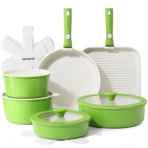 17 Piece Ceramic Detachable Handle Pots and Pans Set Green (Green / 17 Piece)