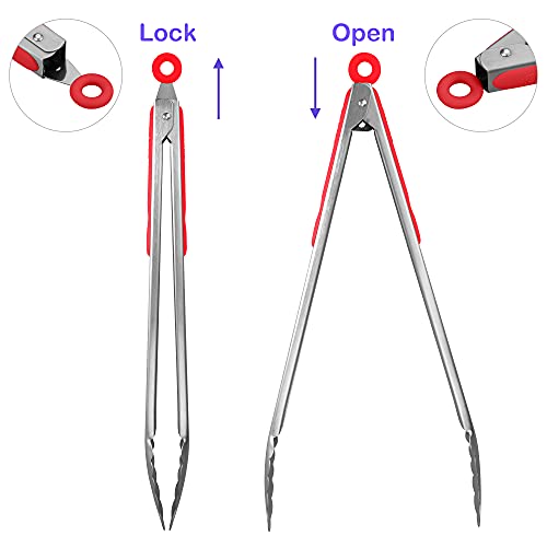 304 Stainless Steel Kitchen Cooking Tongs (14" & 16" / Red)
