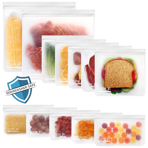 12 Pack Dishwasher Safe Reusable Food Storage Bags (12 Pack-2 Gallon 5 Sandwich 5 Snack / White)
