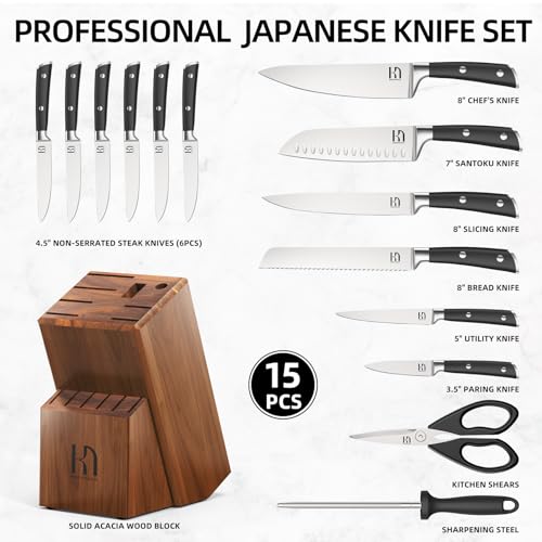 15 Pcs Japanese Knife Set with Sharpener (Brown)