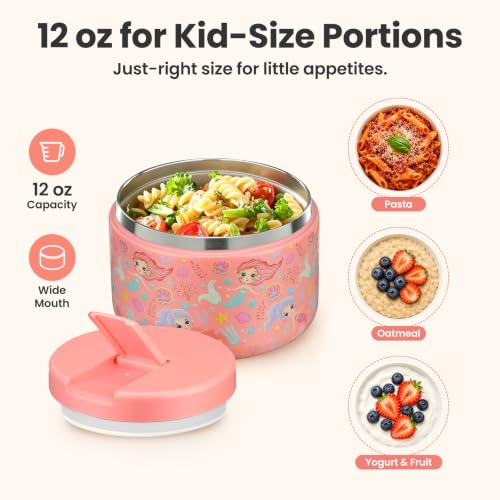 12oz Insulated Vacuum Food Jar with Buckle Lid Wide Mouth Soup Thermo for Hot Food Kids Leakproof Stainless Steel Lunch Container (Pink-Mermaid / 12OZ)