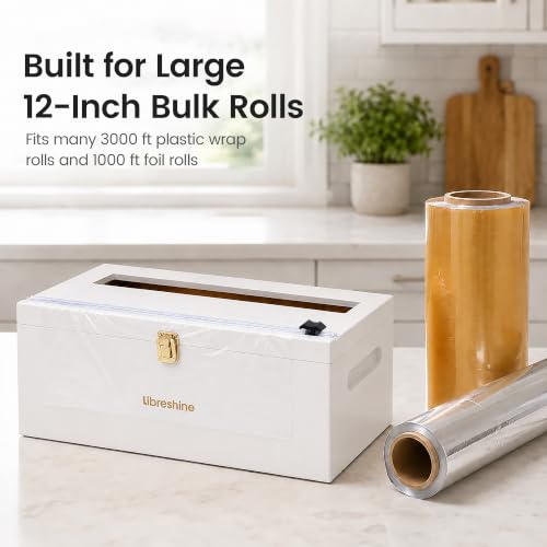 12 Inch Bamboo Plastic Wrap Dispenser with Cutter (White)