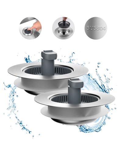 Upgraded 2 Pack 3 in 1 Kitchen Sink Drain Strainer and Stopper Combo (2P-SUS304 Drain Part with 1 Strainer)