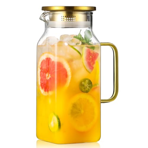 40 oz 1.2Liter Square Glass Pitcher with Lid and Spout (Gold / 40.6 Ounces)