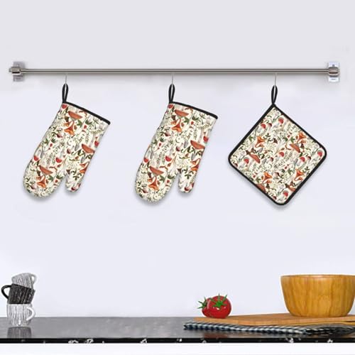 Boho Mushroom Decor Oven Mitts and Pot Holders Sets of 3 Hot Pads (3 Count)