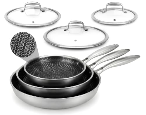 6-Piece Tri-Ply Stainless Steel Frying Pan Set – 8", 10", 12" Non-Stick Skillets with Lids, Induction Compatible, Oven Safe, Scratch-Resistant, Dishwasher Safe (6pc Set / Stainless Steel)