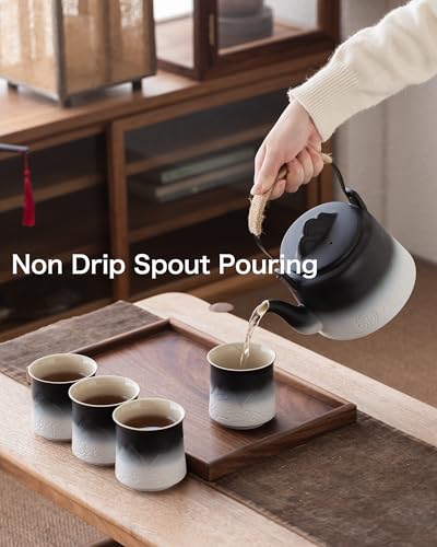 Japanese Tea Set with 4 Cups (Black/White / 33.8oz Teapot&4 of 8oz Cups)
