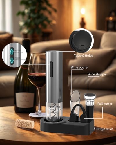 5-in-1 Electric Wine Opener Set Rechargeable Stainless Steel Automatic Corkscrew Wine Bottle Opener Set with Foil Cutter, Wine Aerator Pourer, Vacuum Wine Stopper and Storage Base, Silver