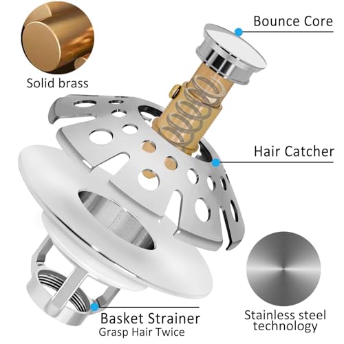 Bathroom Sink Stopper with Hair Catcher (Chrome Silver)