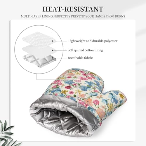 Wild Flowers Floral Meadow Oven Mitts and Pot Holders Set of 4 Silicone Kitchen Mitten Gloves and Non