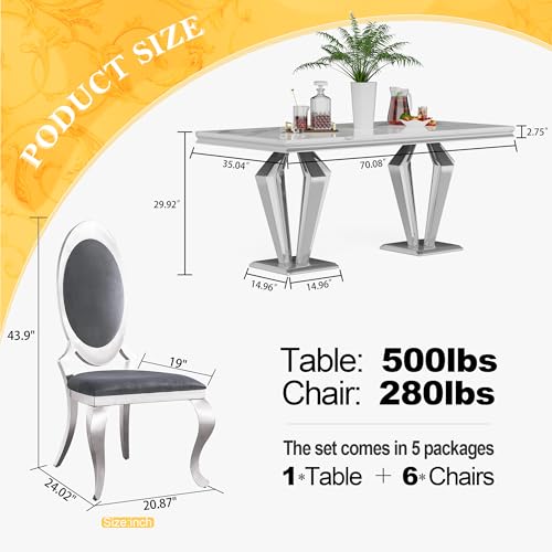 7 Piece Luxury Dining Room Set (Silver White + Grey / Dining Table + 6 Oval Chairs)