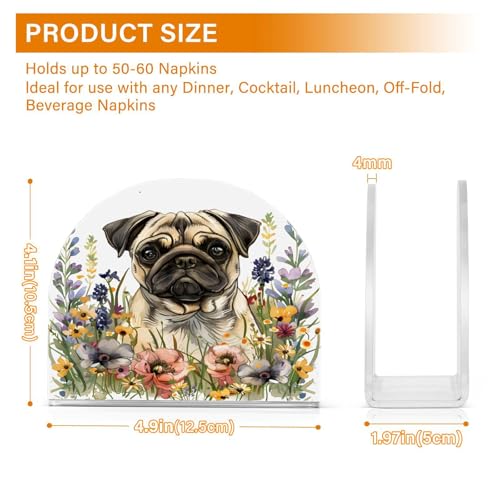 Pug Dog Wild Flowers Napkin Holder for Table Paper Napkins Holder Acrylic Tissue Dispenser Kitchen Dining Room Bathroom Party Car Decor (NH078 / 4.1x4.9x1.97in)