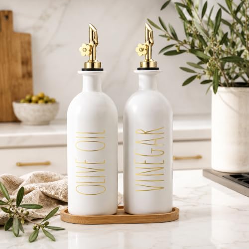 16oz Olive Oil Dispenser Bottles for Kitchen (White&Gold+Tray / 16 fl oz)