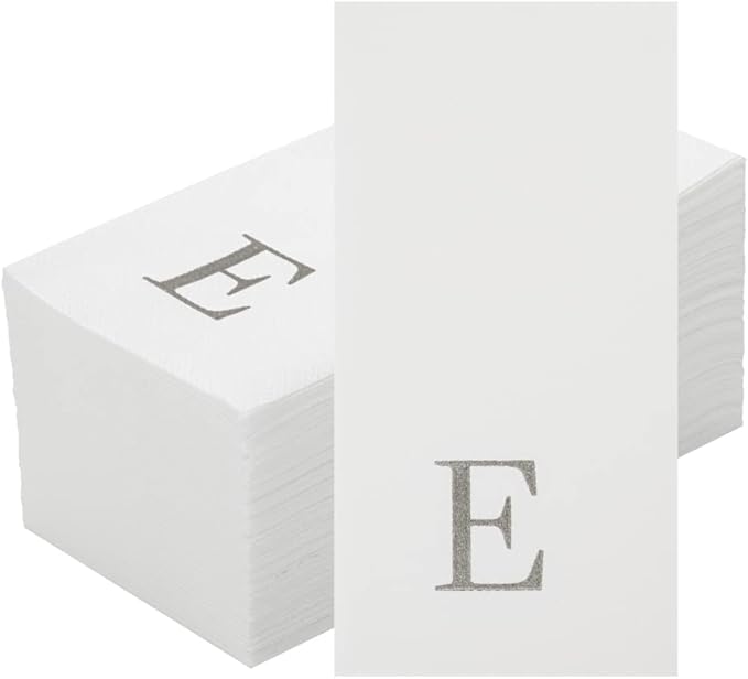 Luxenap 15.8 X 7.9 Inch Linen-Feel Guest Towels, 50 Lettered Hand Towels - Silver Letter 'E', Sans Serif Font, White Paper Dinner Napkins, airlaid, For Restrooms And Tables - Restaurantware