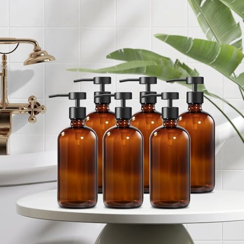 Amber Glass Soap Dispenser (Amber Bottle + Black Flat Pump / 6 Pack)