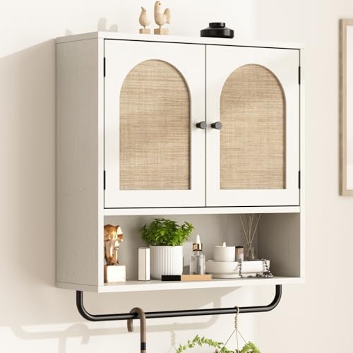 Rattan Bathroom Wall Cabinet (Rustic White / 2 Doors)