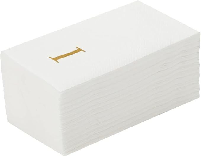 Luxenap 15.8 X 7.9 Inch Linen-Feel Guest Towels, 50 Lettered Hand Towels - Gold Letter 'I', Sans Serif Font, White Paper Dinner Napkins, airlaid, For Restrooms And Tables