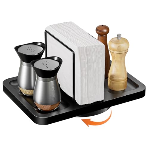 Rotating Napkin Holder for Table with Salt Pepper Shakers Caddy (Black)