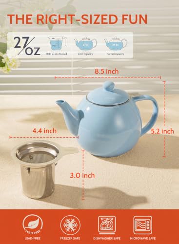 Porcelain Teapot 27 oz with Infuser for Loose Leaf Tea (Bluish Grey / 27oz (with infuser))